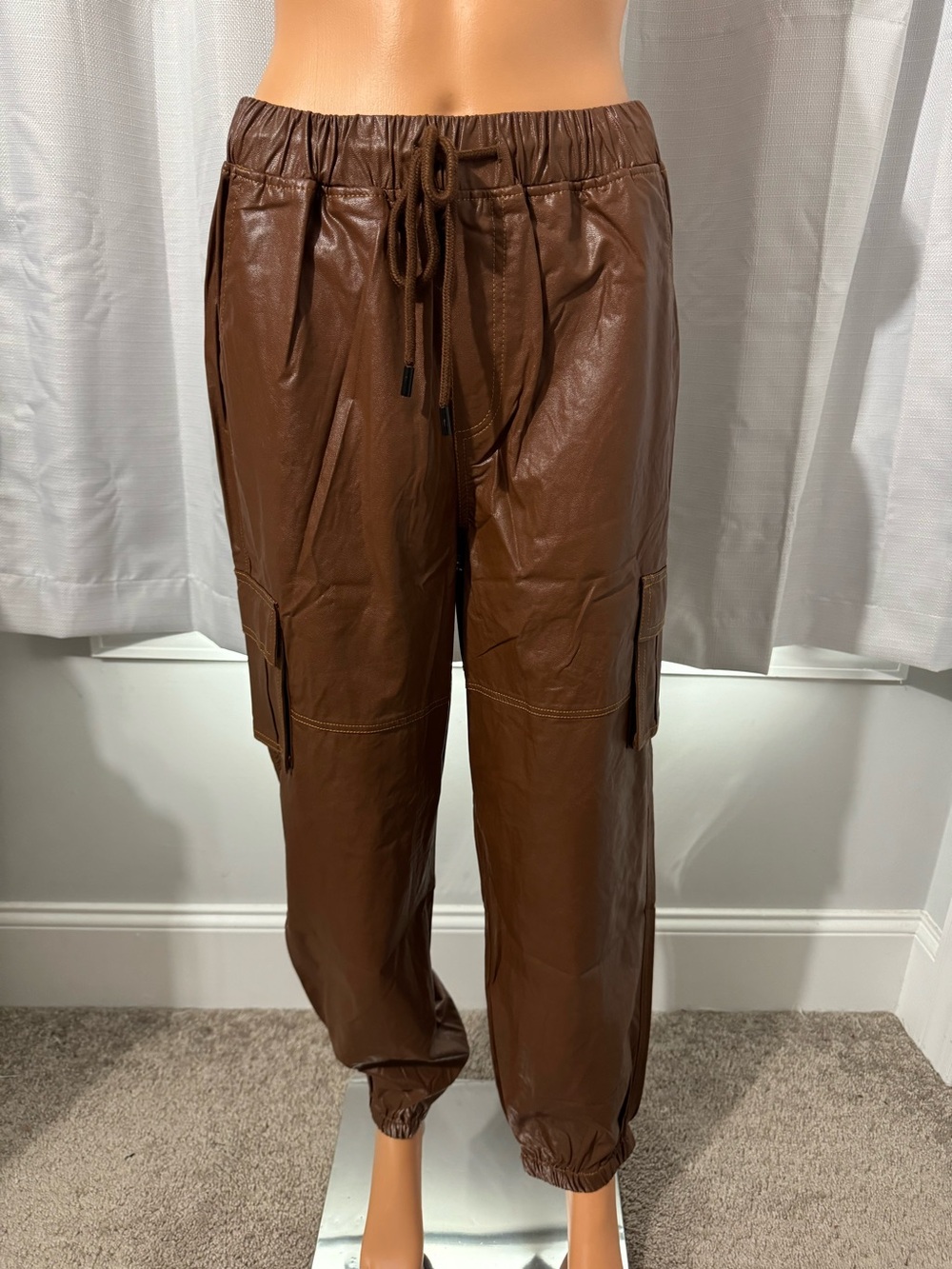 Cool Easel size S brown leather like cargo joggers pants new